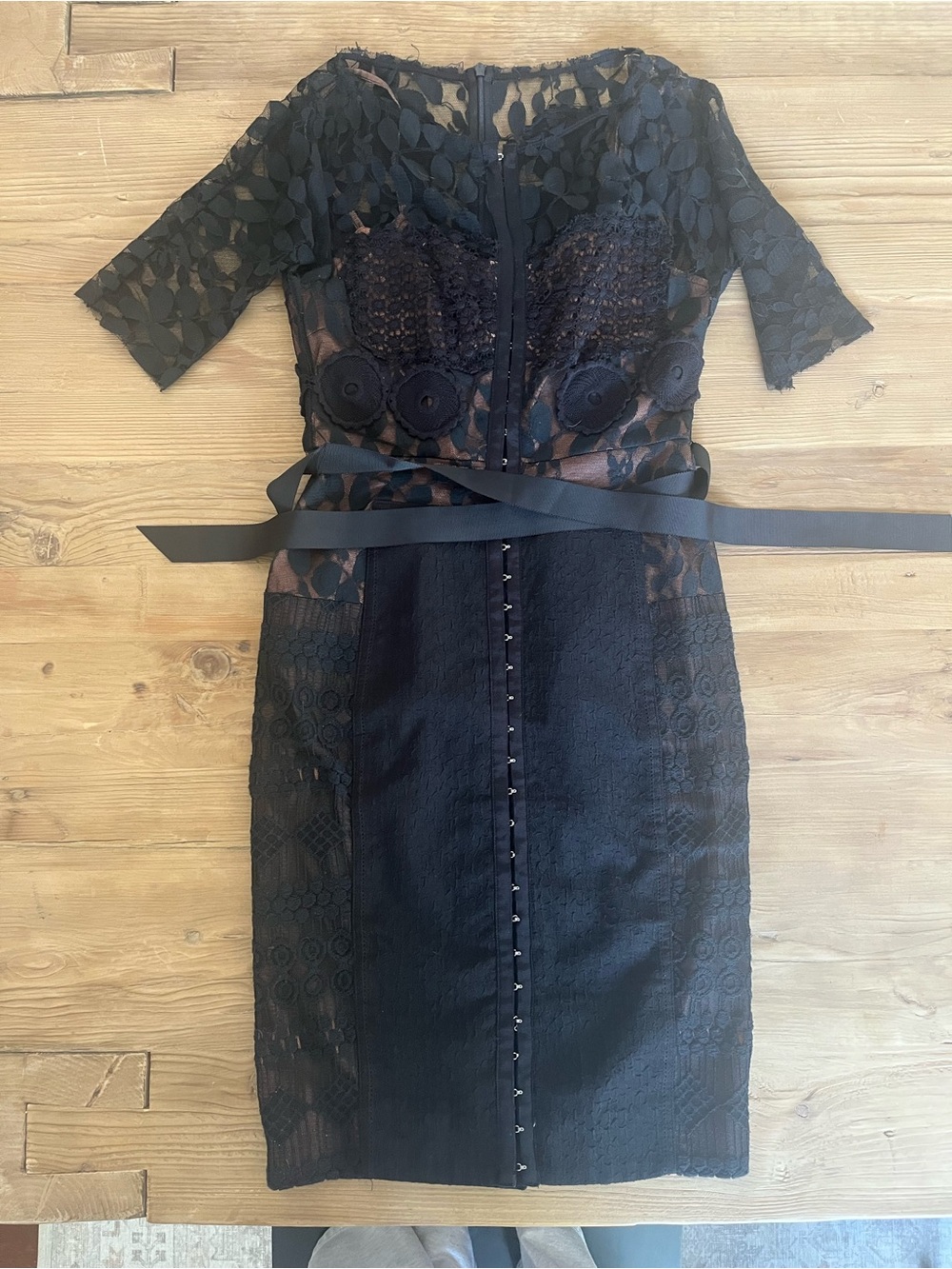 Byron Lars Elegant Black Lace Sheath Dress with Ribbon Belt